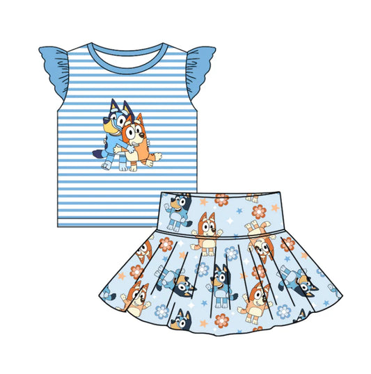 Preorder (moq 5)Baby Girls Blue Dog Top Cartoon Skorts Clothes Sets 6.14