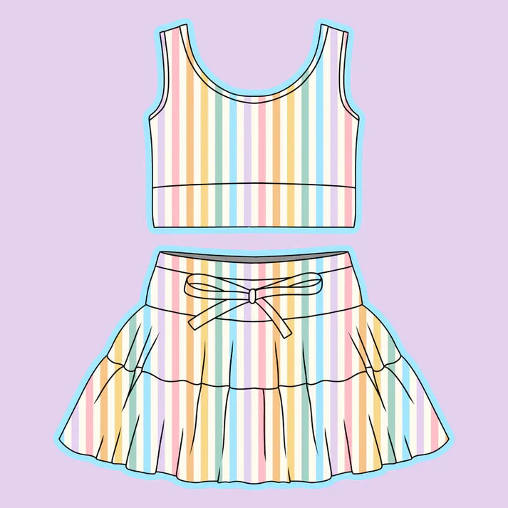 Preorder (moq 5)Baby Girls Colorful Stripe Vest Top Skirt Shorts Clothes Set 1.7
