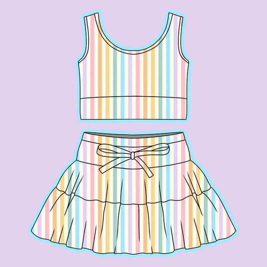 Preorder (moq 5)Baby Girls Colorful Stripe Vest Top Skirt Shorts Clothes Set 1.7