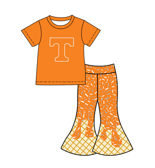 Preorder (moq 5)Baby Girls Orange T Top Drip Sprinkles Bell Bottom Pants Team Clothes Sets 11.27