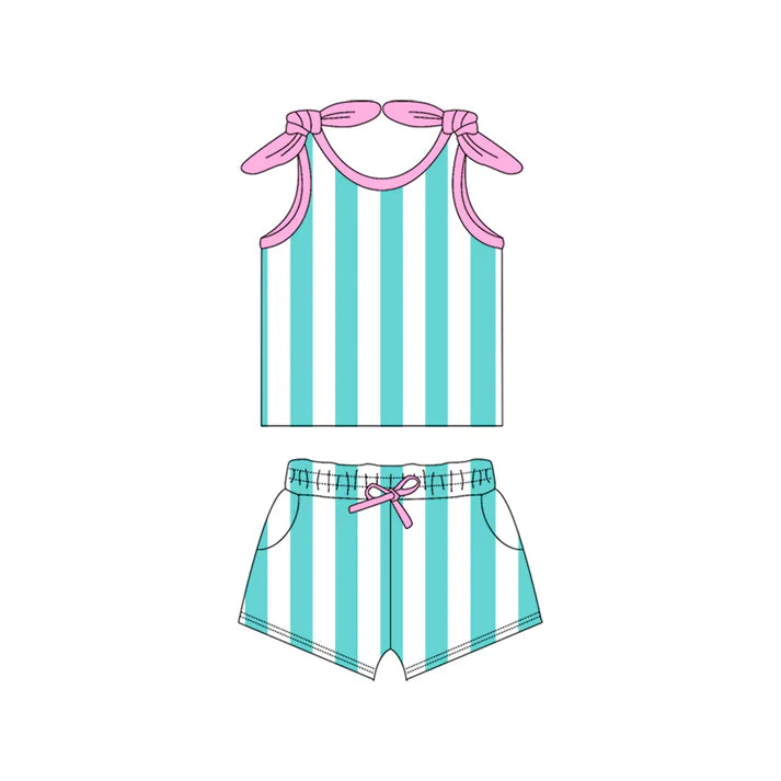 Preorder (moq 5)Baby Girls Pink Bows Strap Aqua Stripe Top Pockets Short Set 5.15
