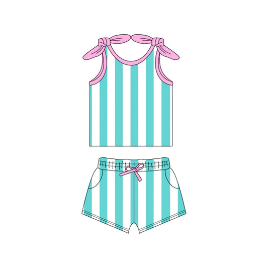 Preorder (moq 5)Baby Girls Pink Bows Strap Aqua Stripe Top Pockets Short Set 5.15
