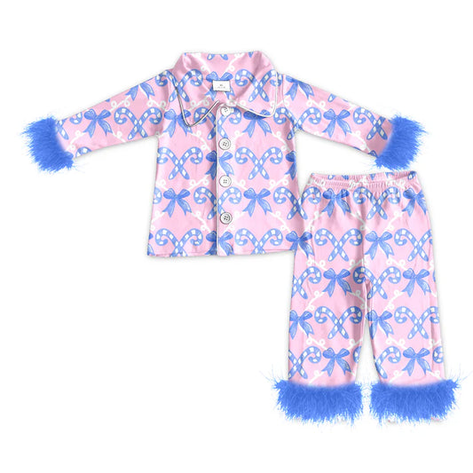 preorder(MOQ 5)Baby Girls Christmas Candy Cane Purple Fur Top Pants Pajamas 5.10