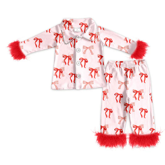 preorder(MOQ 5)Baby Girls Christmas Red Bows Fur Top Pants Pajamas 5.10