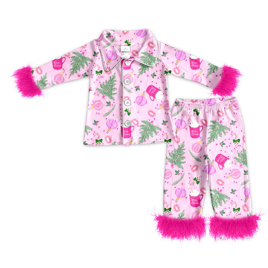 preorder(MOQ 5)Baby Girls Christmas Pink Trees Fur Top Pants Pajamas 5.10