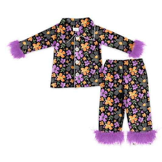 preorder(MOQ 5)Baby Girls Halloween Purple Flowers Fur Top Pants Pajamas 5.10