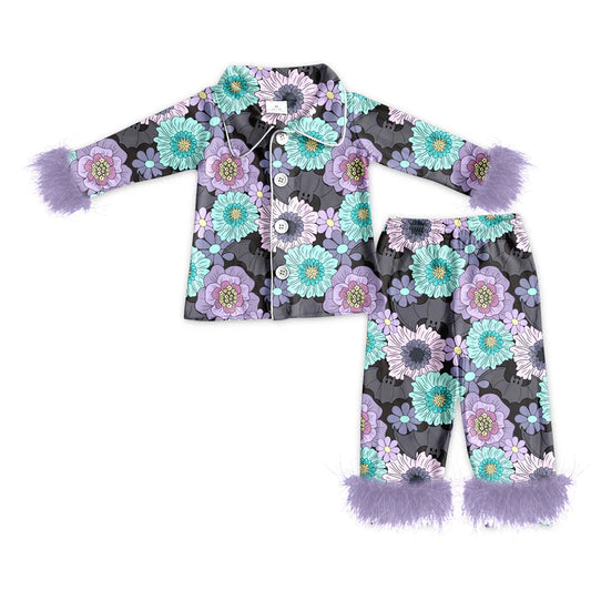 preorder(MOQ 5)Baby Girls Halloween Blue Flowers Fur Top Pants Pajamas 5.10