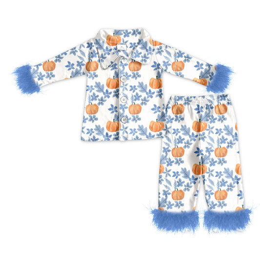preorder(MOQ 5)Baby Girls Fall Pumpkin Blue Flowers Fur Top Pants Pajamas 5.10