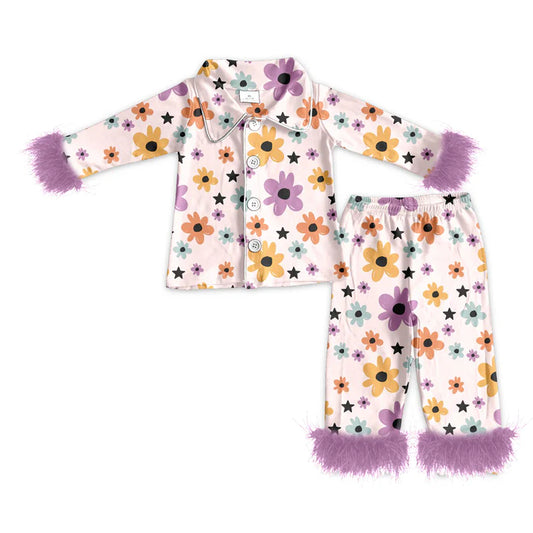 preorder(MOQ 5)Baby Girls Fall Purple Flowers Fur Top Pants Pajamas 5.10