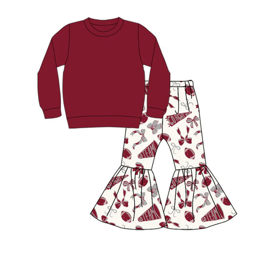 Preorder (moq 5)Baby Girls Wine Top Team Cheer Go Fight With Flag Bows Bell Bottom Pants Sets 8.29