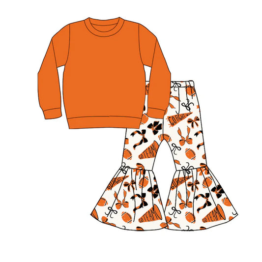 Preorder (moq 5)Baby Girls Orange Top Team Cheer Go Fight With Flag Bows Bell Bottom Pants Sets 8.29