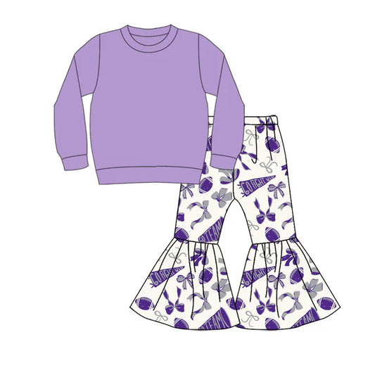 Preorder (moq 5)Baby Girls Lavender Top Team Cheer Go Fight With Flag Bows Bell Bottom Pants Sets 8.29