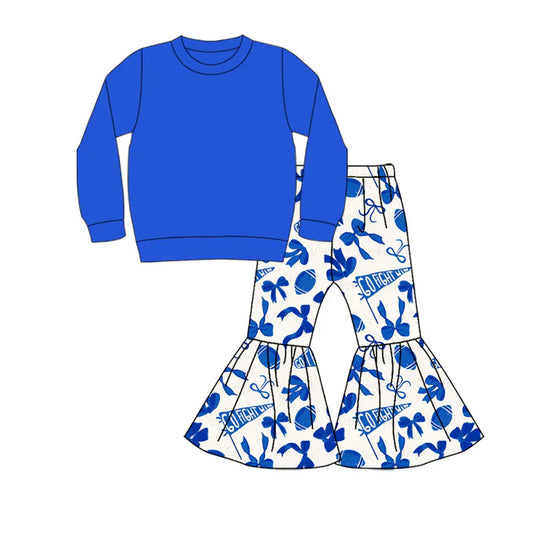 Preorder (moq 5)Baby Girls Blue Top Team Cheer Go Fight With Flag Bows Bell Bottom Pants Sets 8.29