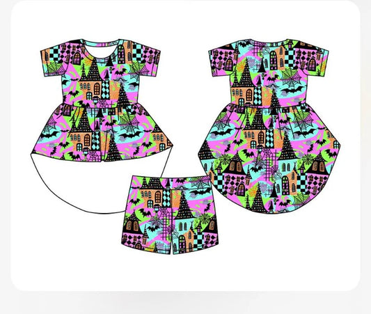 Preorder moq 5 Baby Girls Halloween Castle Hi-low Top Shorts Sets 5.8