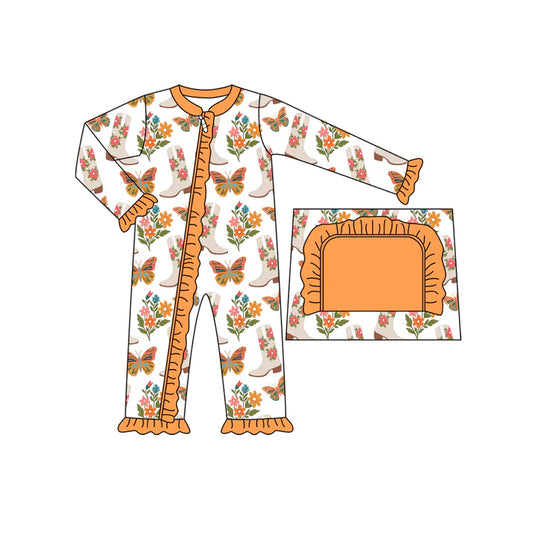 Preorder moq 5 Baby Infant Girls Long Sleeves Butterfly Floral Boots Ruffle Zipper Romper 7.12