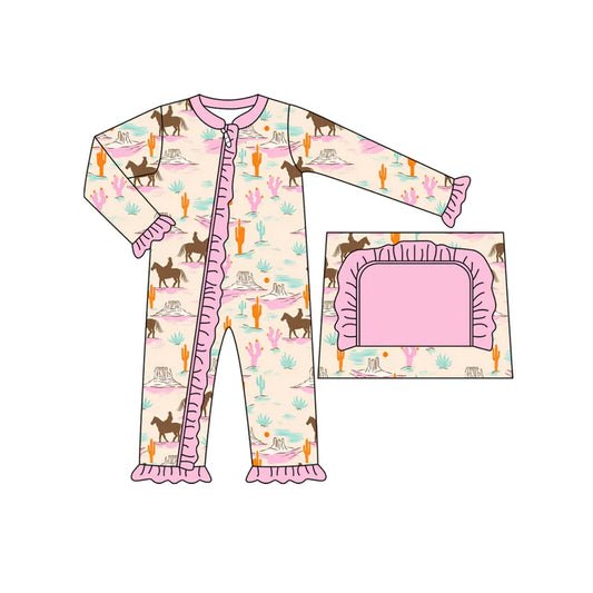 Preorder moq 5 Baby Infant Girls Long Sleeves Horse Rodeos Cactus Ruffle Zipper Romper 7.12