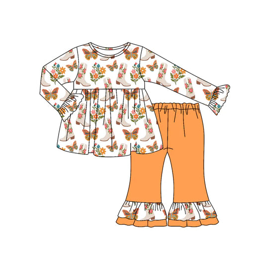 Preorder (moq 5)Baby Girls Long Ruffle Sleeves Butterfly Floral Boots Tunic Flare Pants Set 7.12