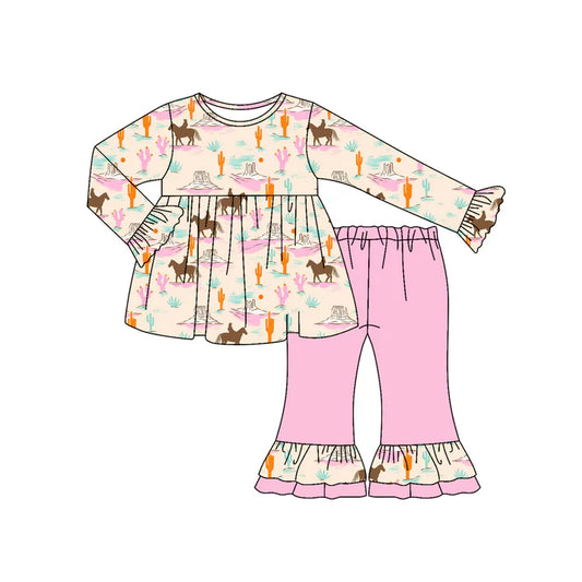Preorder (moq 5)Baby Girls Long Ruffle Sleeves Horse Rodeos Cactus Tunic Flare Pants Set 7.12