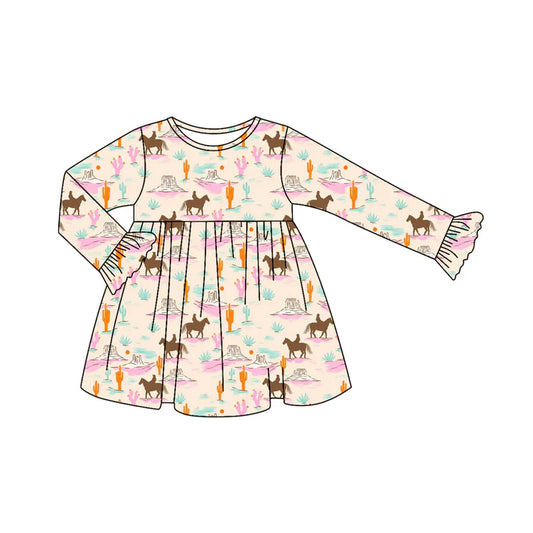 Preorder (moq 5)Baby Girls Long Ruffle Sleeves Horse Rodeos Cactus Knee Length Dresses 7.12