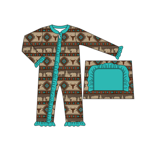 Preorder moq 5 Baby Infant Girls Long Sleeves Bull Skull Aztec Stripes Ruffle Zipper Romper 7.12