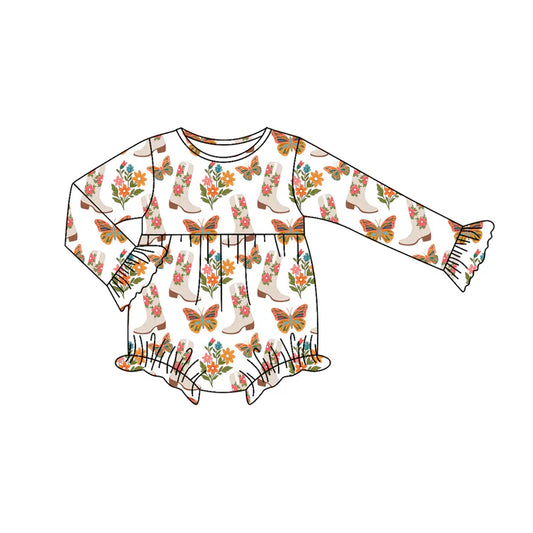 Preorder moq 5 Baby Infant Girls Long Sleeves Butterfly Floral Boots Plaid Ruffle Romper 7.12