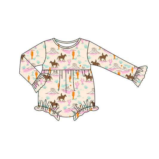 Preorder moq 5 Baby Infant Girls Long Sleeves Horse Rodeos Cactus Ruffle Romper 7.12