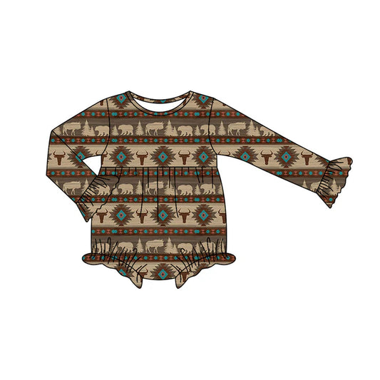 Preorder moq 5 Baby Infant Girls Long Sleeves Bull Skull Aztec Stripes Ruffle Romper 7.12