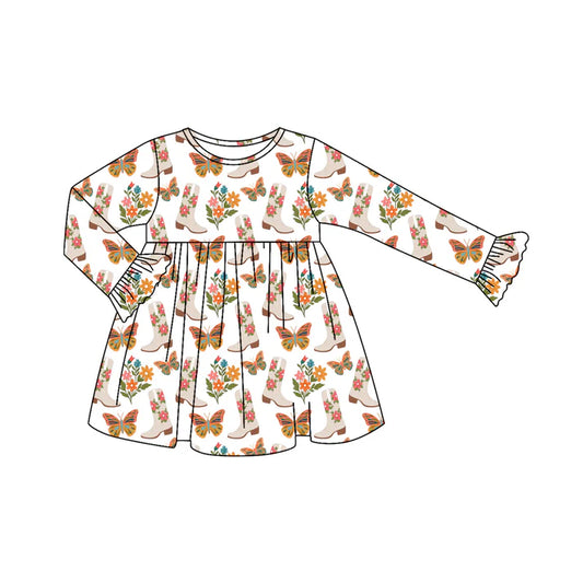 Preorder (moq 5)Baby Girls Long Ruffle Sleeves Butterfly Floral Boots Knee Length Dresses 7.12