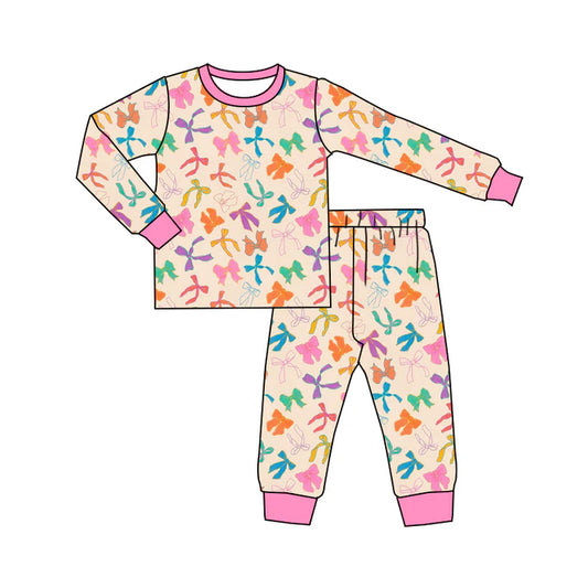 Preorder (moq 5)Baby Girls Pink Colorful Bows Long Sleeves Top Pant Pajamas Sets 6.7