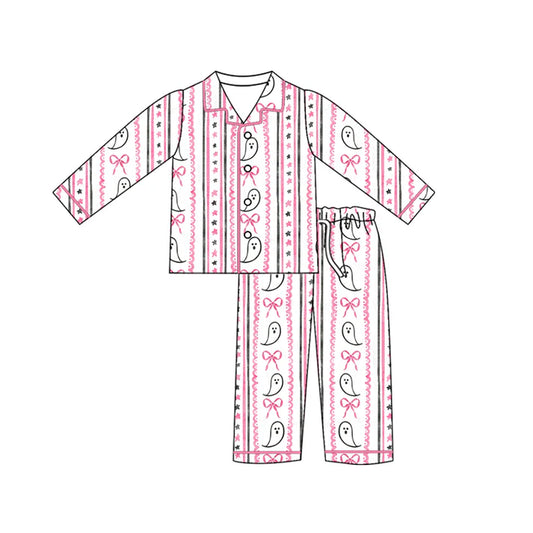 Preorder (moq 5)Baby Girls Halloween Ghost Pink Buttons Top Pants Pajamas 5.12