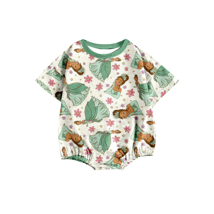 preorder(moq 5) Baby Girls Green Princess Flowers Short Sleeve Rompers 12.26