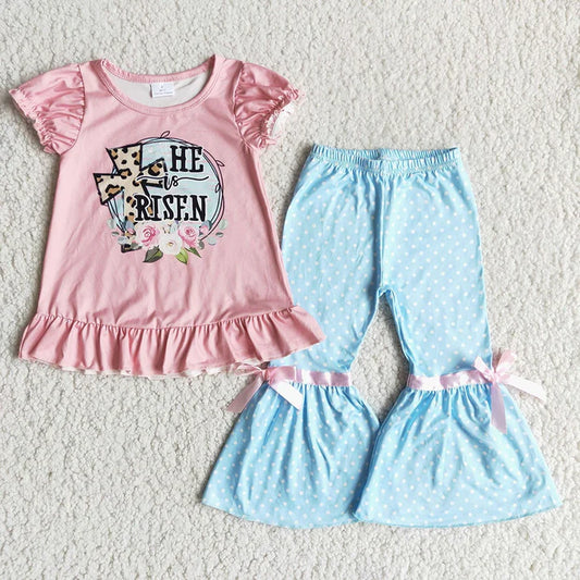 Baby Girls Clothes Pink Easter He is Risen Bell Pants Clothing Sets B5-25