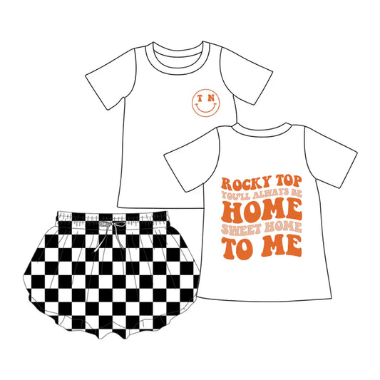 Preorder (moq 5)Baby Girls Rock Top Black Checkered Shorts Outfits Sets 5.16