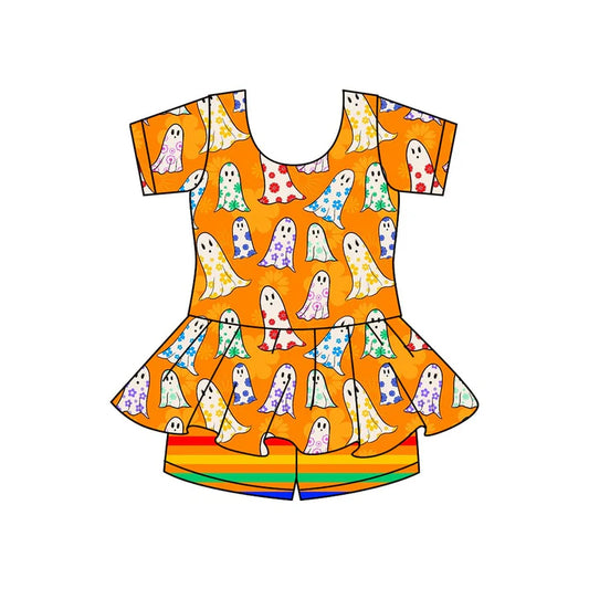 Preorder moq 5 Baby Girls Orange Flowers Ghost Short Sleeves Top Shorts Sets 5.8
