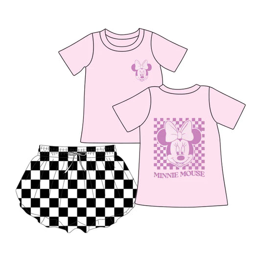 Preorder (moq 5)Baby Girls Pink Mouse Top Black Checkered Shorts Outfits Sets 5.16