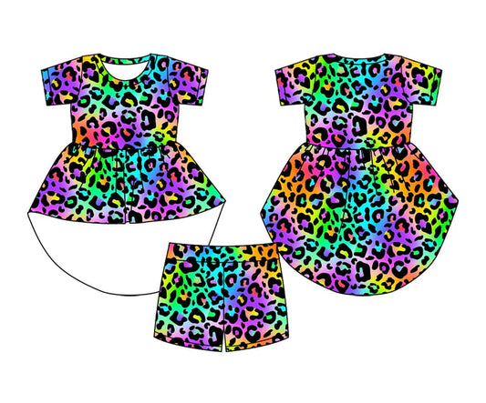 Preorder moq 5 Baby Girls Colorful Leopard Hi-low Top Shorts Sets 5.8