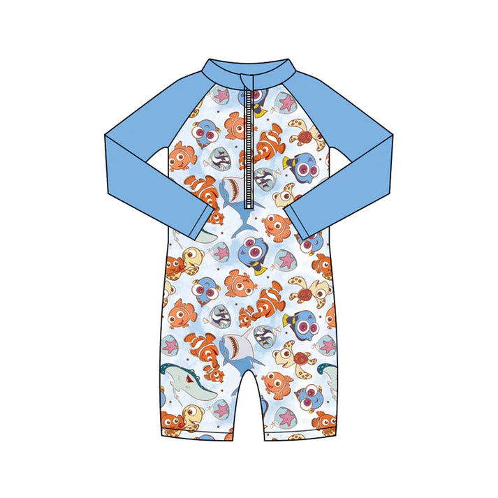 Preorder (moq 5)Baby Boys Long Sleeve Cartoon Fishes Zipper Pants Swimsuits 1.10
