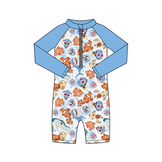 Preorder (moq 5)Baby Boys Long Sleeve Cartoon Fishes Zipper Pants Swimsuits 1.10