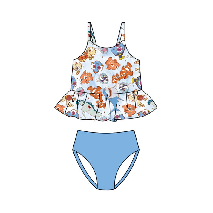 Preorder (moq 5)Baby Girls Strap Cartoon Fishes Stripe Ruffle Tunic Bummies Swimming Clothes Sets Swimsuits 1.10