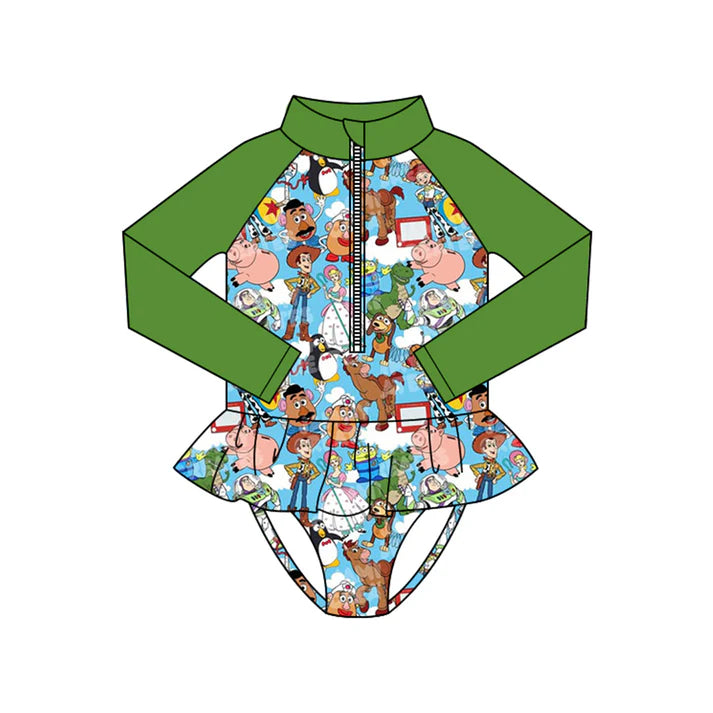 Preorder (moq 5)Baby Girls Long Sleeve Cartoon Donkey Zipper Ruffle Bummies Swimsuits 1.10
