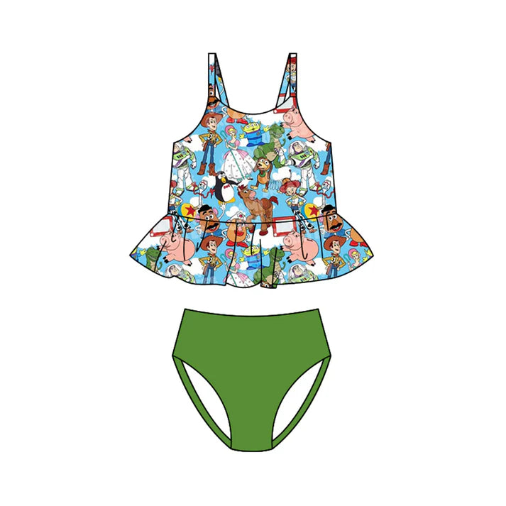 Preorder (moq 5)Baby Girls Strap Cartoon Donkey Stripe Ruffle Tunic Bummies Swimming Clothes Sets Swimsuits 1.10