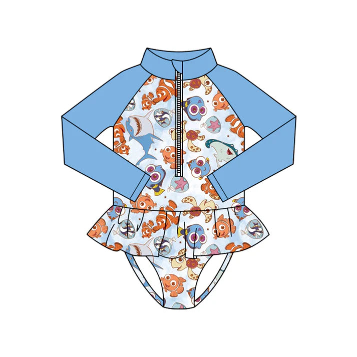 Preorder (moq 5)Baby Girls Long Sleeve Cartoon Fishes Zipper Ruffle Bummies Swimsuits 1.10