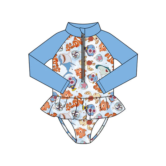 Preorder (moq 5)Baby Girls Long Sleeve Cartoon Fishes Zipper Ruffle Bummies Swimsuits 1.10