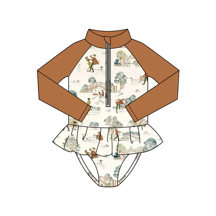 Preorder (moq 5)Baby Girls Long Sleeve Dogs Park Zipper Ruffle Bummies Swimsuits 1.10