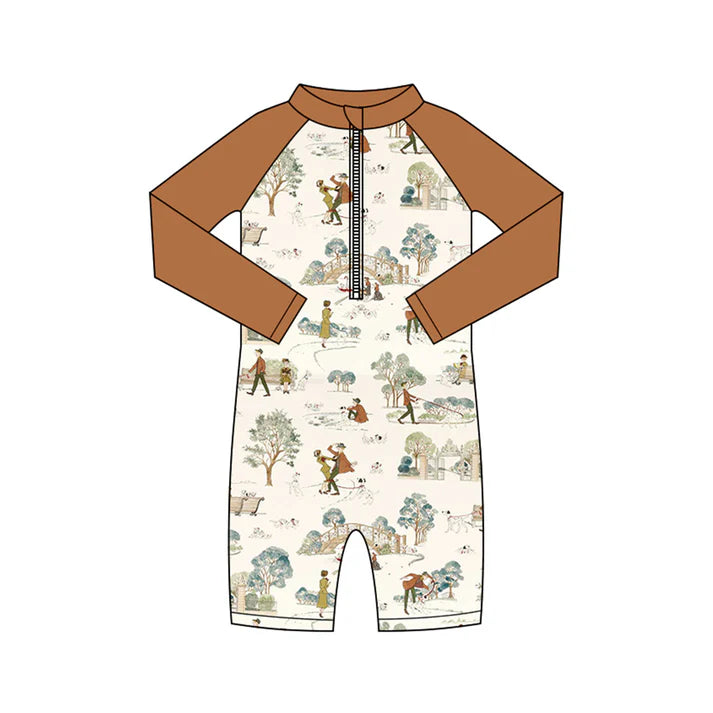 Preorder (moq 5)Baby Boys Long Sleeve Dogs Park Zipper Pants Swimsuits 1.10