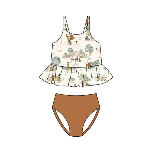 Preorder (moq 5)Baby Girls Strap Dogs Park Ruffle Tunic Bummies Swimming Clothes Sets Swimsuits 1.10