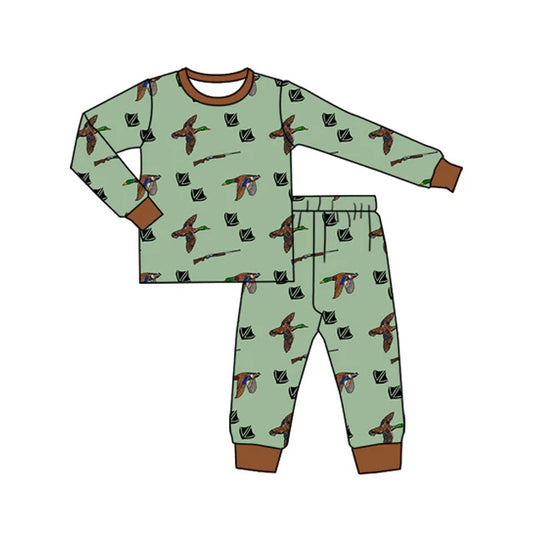 Preorder (moq 5)Baby Boys Long Sleeves Green Ducks Plaid Top Pant Pajamas Clothes Set 6.28