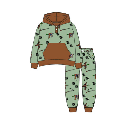 Preorder (moq 5)Baby Boys Long Sleeves Green Ducks Plaid Pockets Button Hoodies Pant Clothes Set 6.28