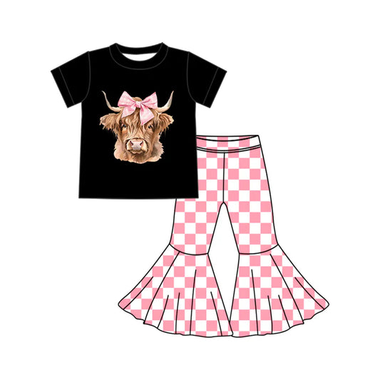 Preorder (moq 5)Baby Girls Western Highland Cow Bow Top Bell Bottom Pant Sets 5.26