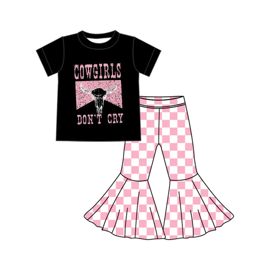 Preorder (moq 5)Baby Girls Western Cowgirl Don't Cry Top Checkered Bell Bottom Pant Sets 5.26